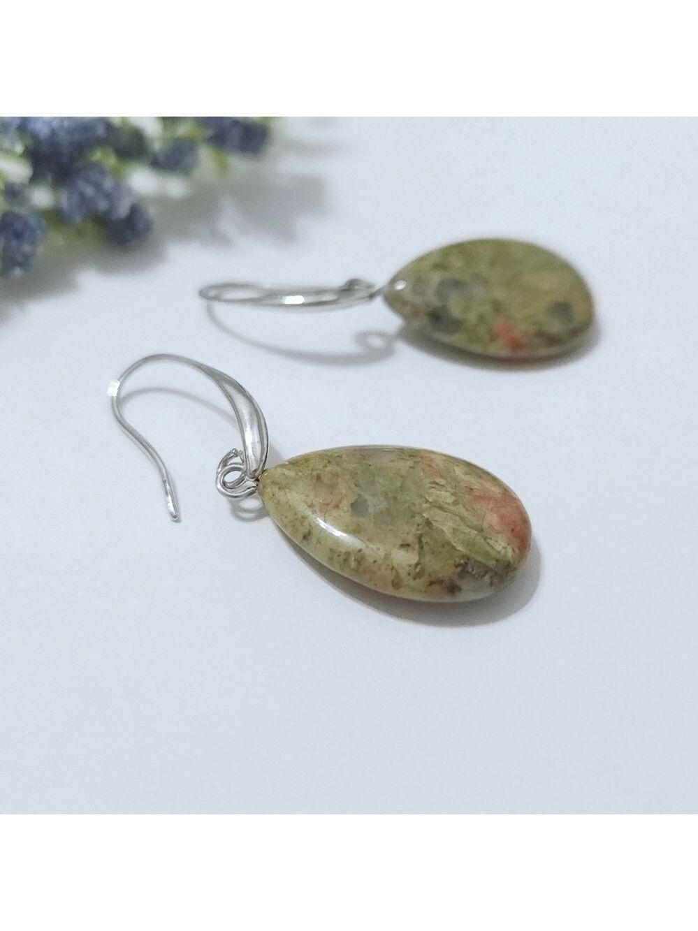 NWOT  Unakite Jasper Teardrop Earrings - Picture 2 of 4